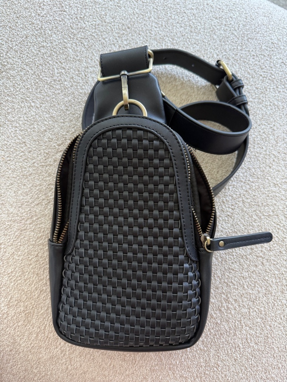 Anthropologie Black Woven Leather Crossbody Bag with Gold Hardware
